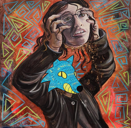 Not Quite Human (2026), 24 in x 24 in, acrylic paint, sharpie, and mica flake on canvas