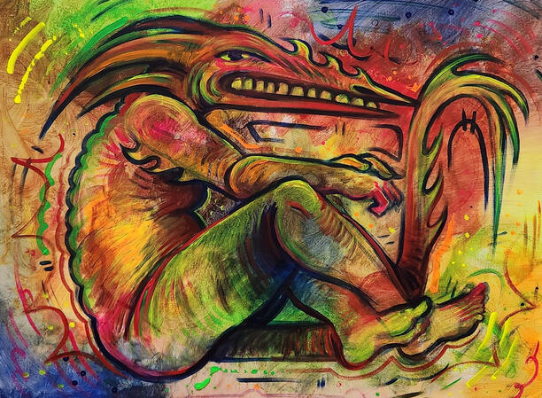 Even The Tainted Beast Lounges (2025), 40 in x 30 in, acrylic paint on canvas