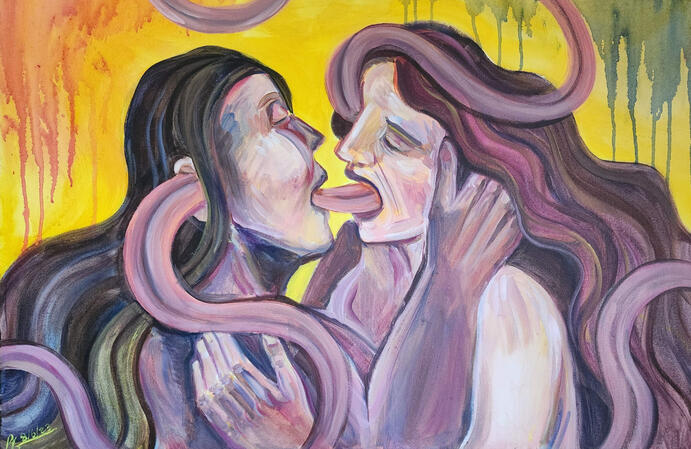 Entangled (2023), 36 in x 24 in, acrylic on canvas