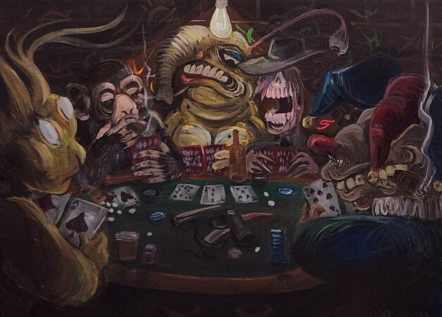Poker Night (2025), 24 in x 18 in, acrylic paint on canvas