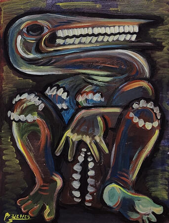 Bite The Hand That Birthed You (2025), 24 in x 18 in, acrylic paint on canvas
